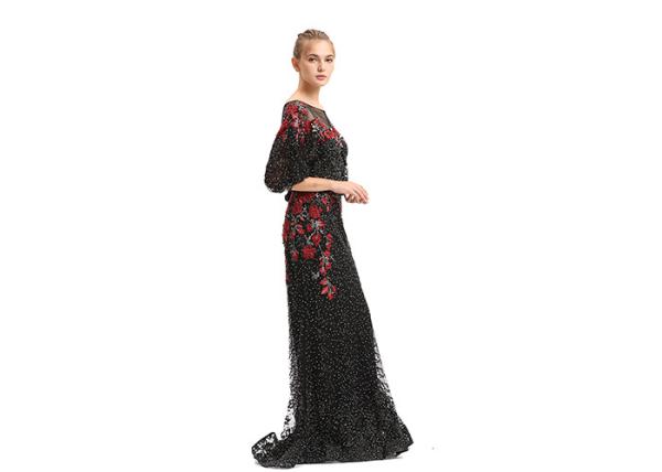 Embroidery Black Beading Half Sleeve Evening Dresses Long Maxi Floor Length
