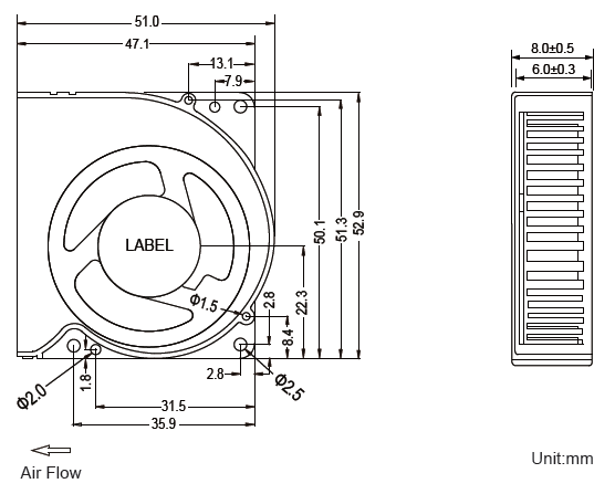 Plastic BF5008 Cooling Blower Fan 5V 12V 24V 50x50x80mm Practical