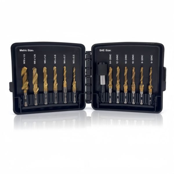 Industrial 13-Piece Drill Tap Combo Set | Titanium Coated High Speed Steel | One-Step Drilling & Tapping Kit with Quick Change Shank