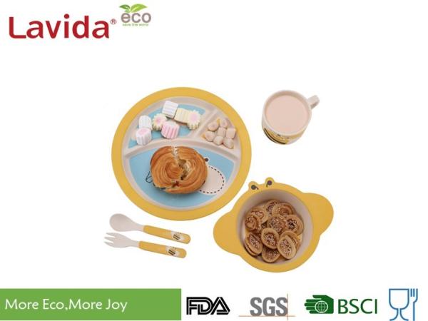 Waterproof 3 - Section Bamboo Kids Plate Set Non - Flammable For School And Camping