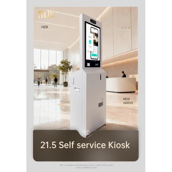 21.5 Inch Self Service Payment Kiosk Touch Screen 5MP Camera RFID Card Dispenser Facial Recognition Barcode Reader SDK Enabled