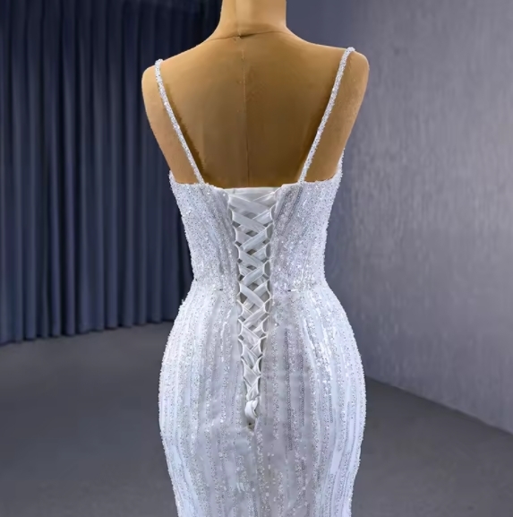 Elegant Beaded Spaghetti Straps A-line Court Train Boat Neck Lace-up Mermaid White Sequins Long Wedding Dress