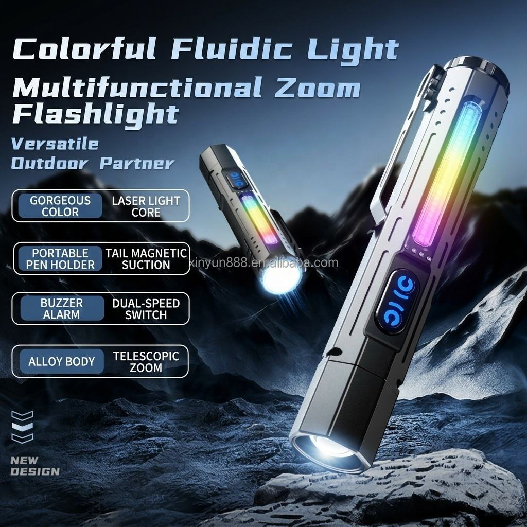 New Product: Buzzer Bright Light Flashlight, Multi-Functional RGB Fluid Light Outdoor Retractable Zoom Magnetic LED Torch