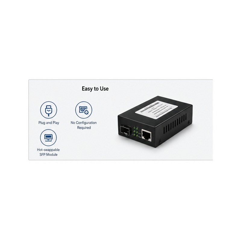 Industrial Gigabit SFP Media Converter with Dual DC 12-48V Redundant Power, IP40 Protection, and -40°C to 85°C Operating Temperature