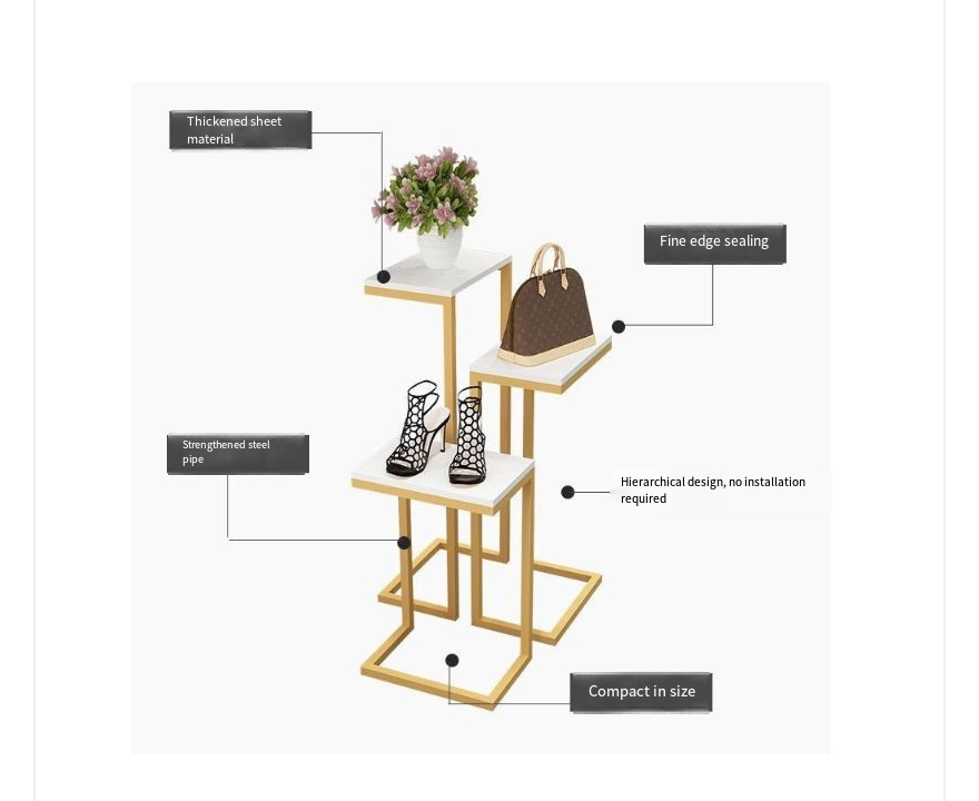 Durable Gold Metal Wood Floor Type Display Stand Marble-Design Panel Shelf Promotional Rack Clothing Shoes S/M/L Sizes 1 Pcs
