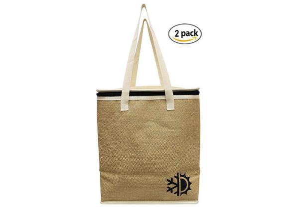 Natural Jute Cooler Tote Bag Small Insulated Tote Bags With Cotton Twill Handles