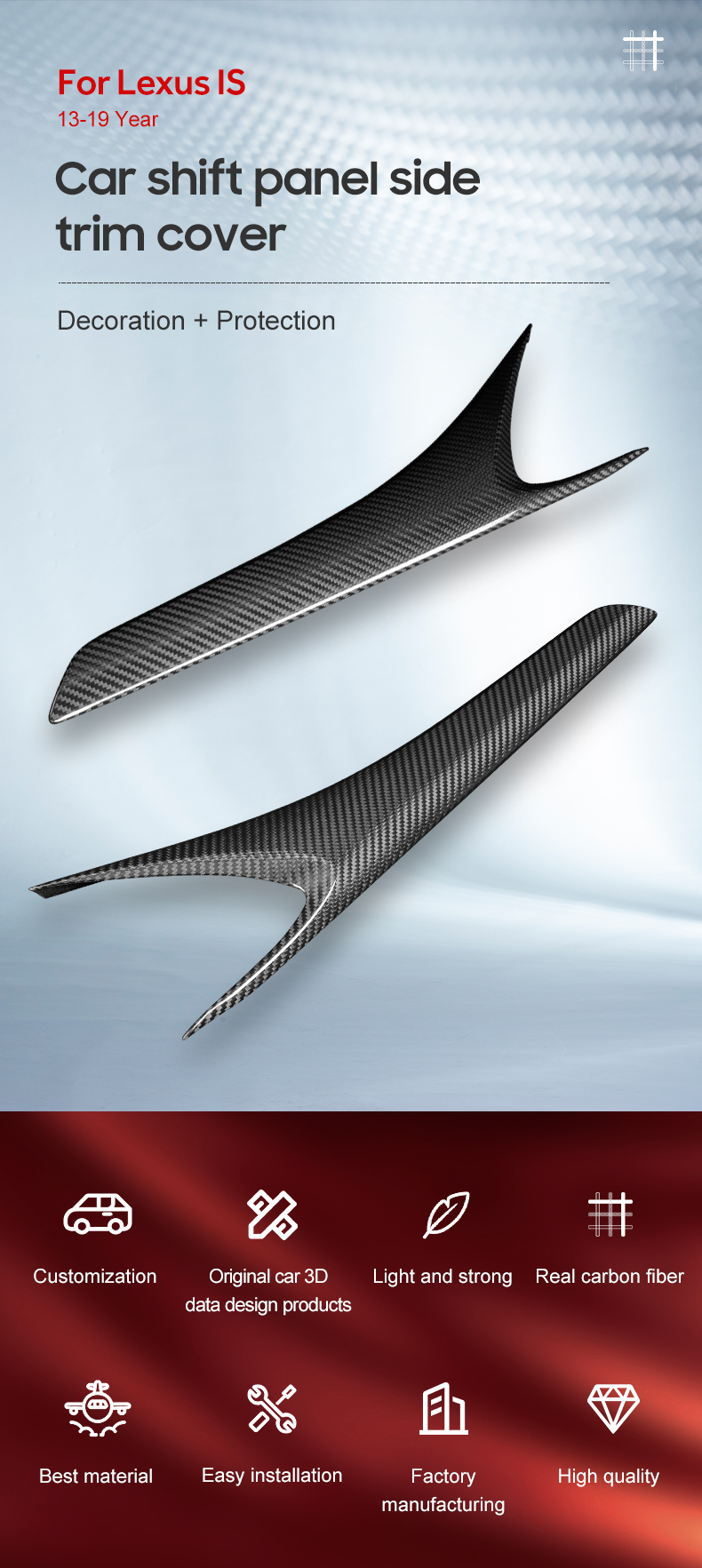 Dry Carbon Fiber Car Shift Panel Side Trim Cover for Lexus IS 13-19 Year