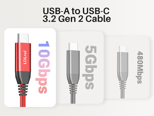 3.1A USB 3.2 Gen 2 10Gbps Red Type A To Type C Cable For Carplay HD Webcams Gamepads