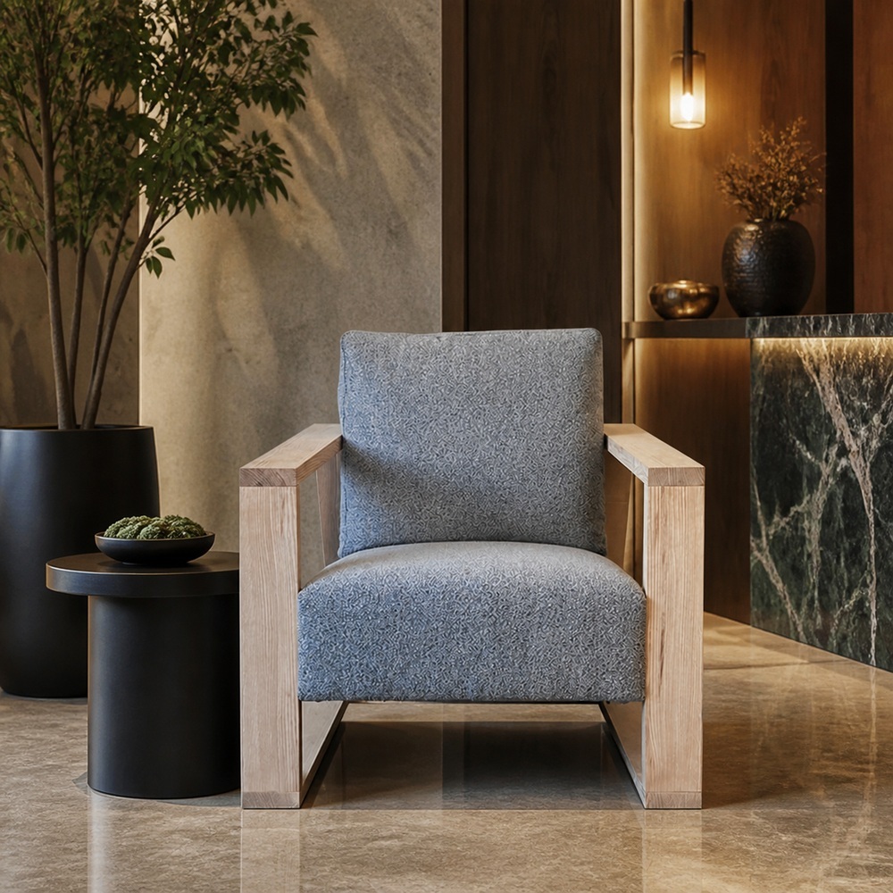 Contemporary Geometric Solid Wood Lounge Chair, 1-Seater LG-5013