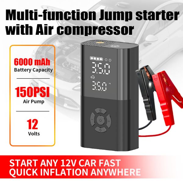 6000mAh Car Battery Jump Box Air Tire Compressor 9 In 1 Portable 150PSI Pump Jump Starter Power Pack