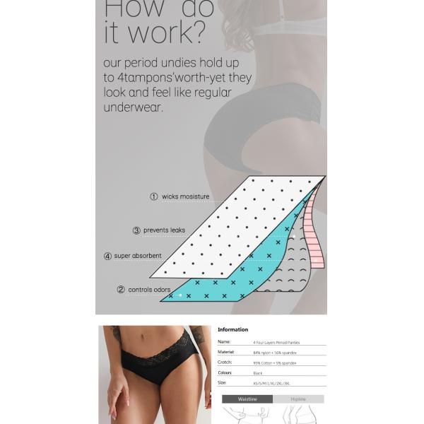 Customized 4 Layers Heavy Absorption Lady Sexy Lace Menstrual Underwear