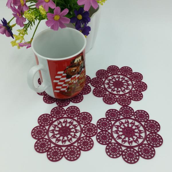 Elegant Purplish Red Hollow Silicone Rubber PVC Coaster Table Placemat, Flower Design Consist Of Deer, Accept Paypal