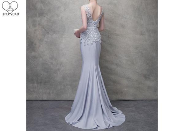 Sleeveless Silver Mermaid Style Prom Dress Lace Beaded Back Semi Nude Sweep Train