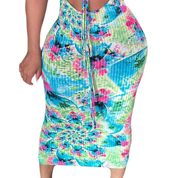 Hanging Striped Print Halter Sexy Summer Beach Dress