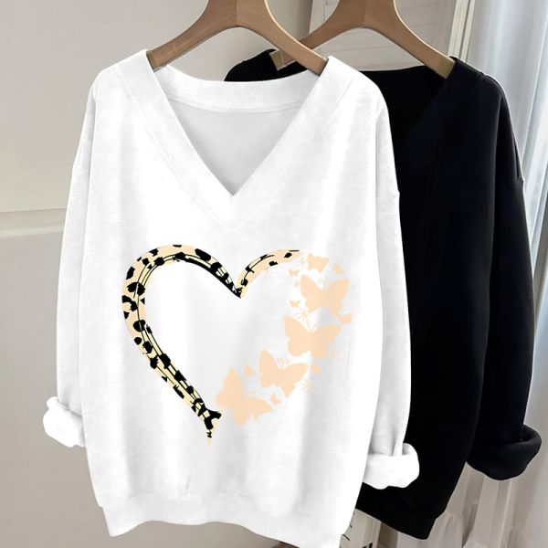 Women's Solid Color Relaxed Fit V-neck Hoodie Sweatshirt with Long Sleeve and Front Kangaroo Pocket