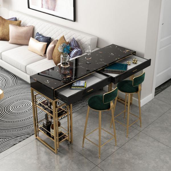 Iron Marble Dining Table Set with 2 Chairs White Marble Surface Gold Powder Coating