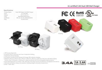 High Speed USB Wall Charger 2 USB Ports UL CB Certified  Soft Handfeel