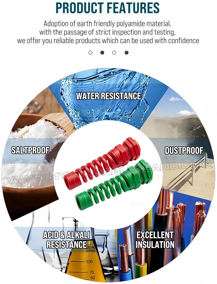 Product features of colored spiral nylon cable glands cable joints Colored Strain Relief Cable Gland Nylon 6 (Polyamide 6/PA6), PG13.5 (Ø 6-12mm & 5-9mm), IP68 & IP69K, for Cable Identification & Organization