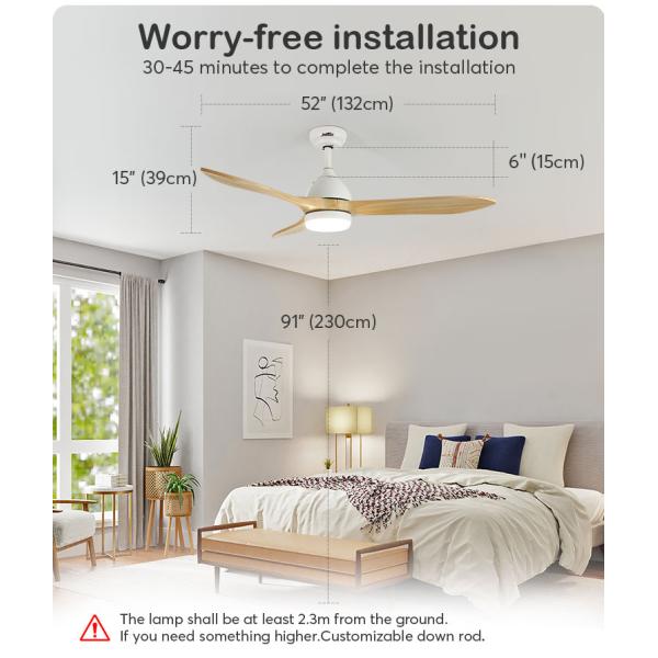Facil instalação ventilador de teto LED com 5 velocidades e lâminas de madeira design contemporâneo