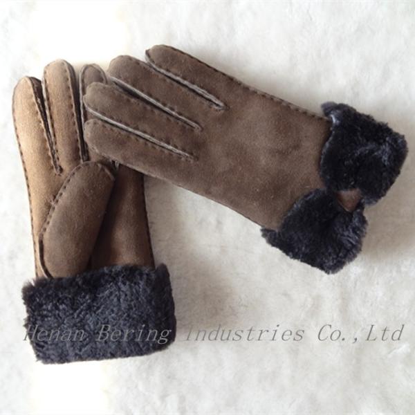 Fashion Double Face Shearing Sheepskin Leather Winter Gloves with Bowknot for Lady