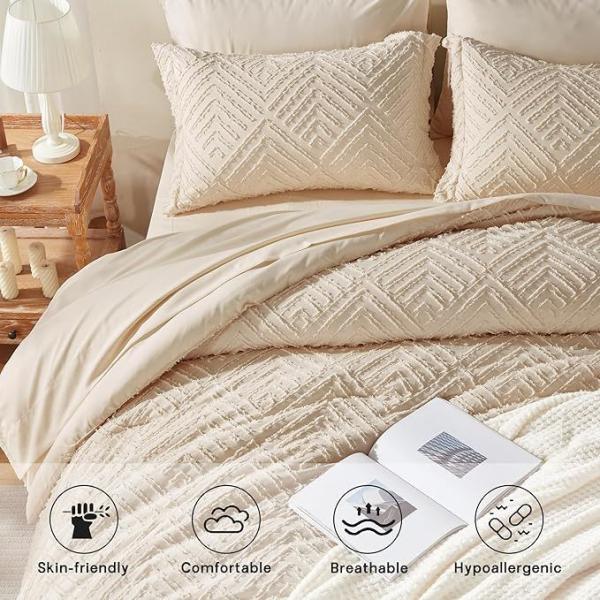 Juego de edredón con mechones beige de 7 piezas para cama queen de microfibra