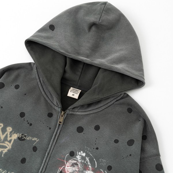 410G American Street Graffiti Print Full Zip Hoodie Oversized Zip Jacket | OEM ODM Custom Logo, Replaceable Fabric, Multiple Pantone Color Codes, Low MOQ