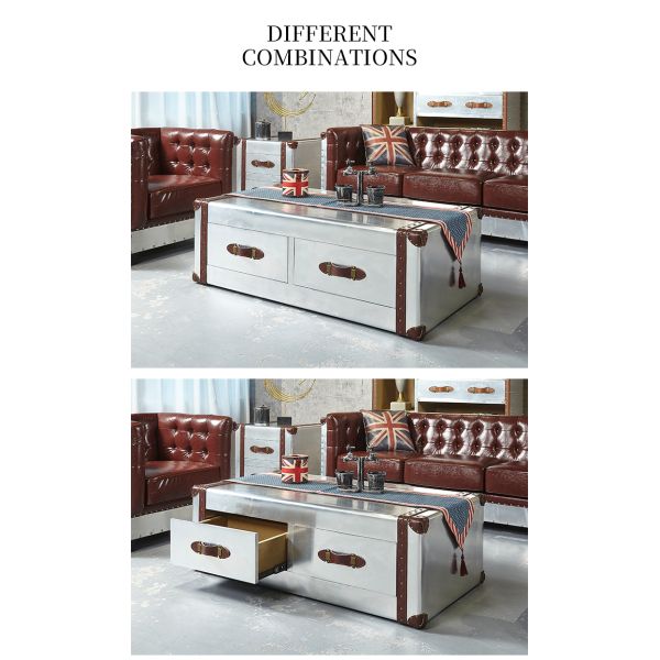 Nidea #8515 Industrial-Style Aluminum Panel Riveted Metal Retro Handmade Durable Side Corner Table 2-Drawer Living Room Coffee