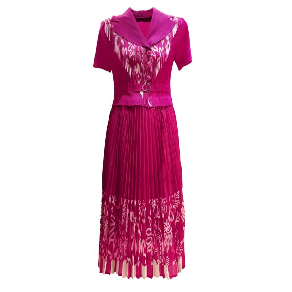 European American Elegant Mid-Length Dress New Style Floral Printed Suit Collar Pleated Waist Slimming Short Sleeve Versatile