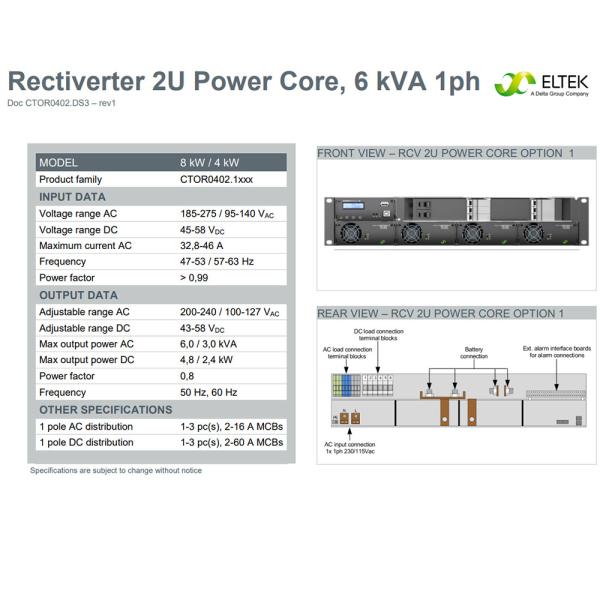 Rack Mount Eltek 4.8KW Power AC DC Rectiverter 2U Power Core 6kVA 1ph with Smartpack R controller (Part No. CTOR0402.1xx