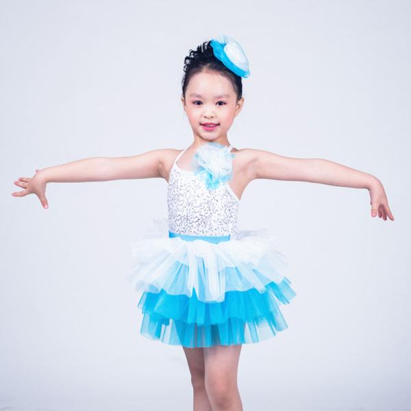 Two Tones Tiers Skirt Silver Sequins Bodice Dress Dance Clothes for Kids