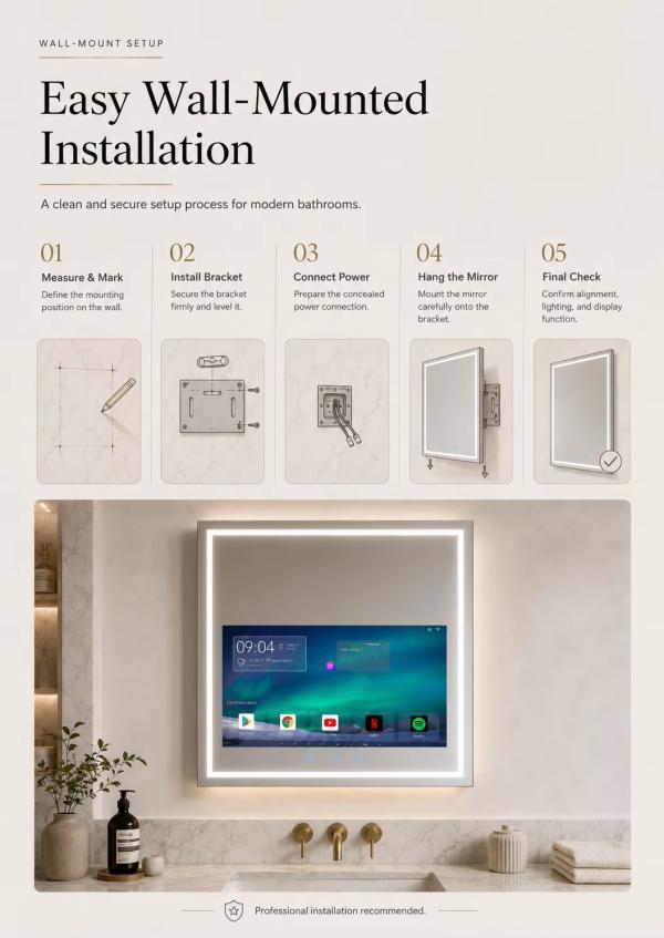 Kingstin Premium Frameless HD Glass LED TV Mirror for Bathroom, Smart App Touch Screen, 100% Customized Sizes