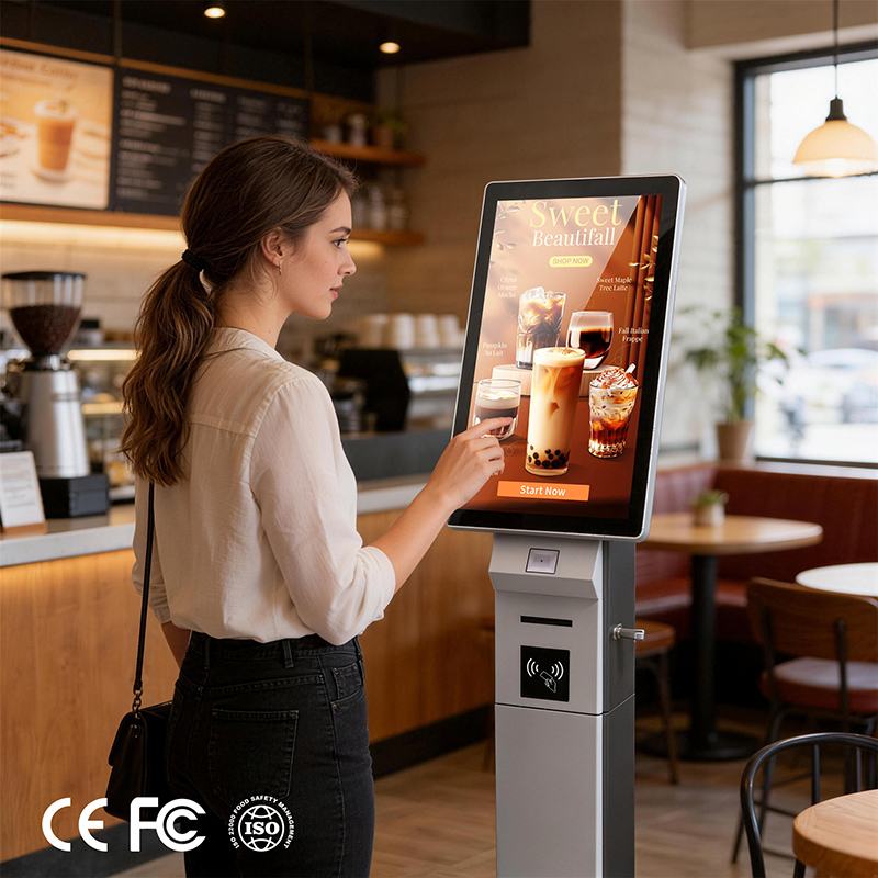 Self Ordering Kiosk with 231.5 Inch Touch Display and Card Payment for Fast-Food Restaurants - Floor Standing Design