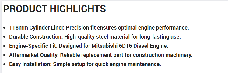 Cylinder Liner 6D16 ME051157 ME041102 diesel Engine Parts Aftermarket Construction Machinery Parts