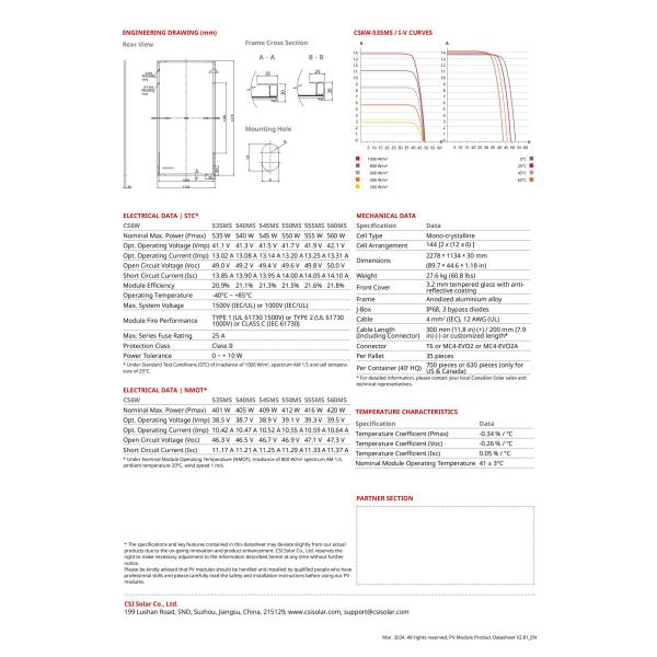Canadian HiKu6 CS6W-MS 535W-560W PV Solar Panel N-TYPE 182mm Half Cut Cell Technology