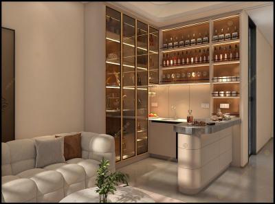 Armoire à vin intégrée en acier inoxydable en forme de L avec fonction de stockage et de barre