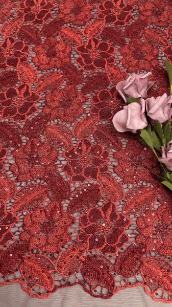 Leafy Red Color Embroidered Sequin Mesh Fabric Featherlight Luxury Fabric For Ethereal Carpet Dresses