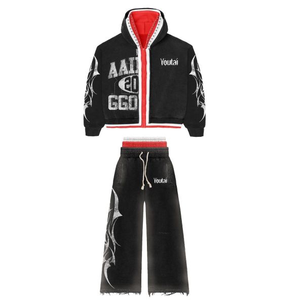 Streetwear Triple Layer Acid Wash Flared Sweatpants and Hoodie Sets Custom