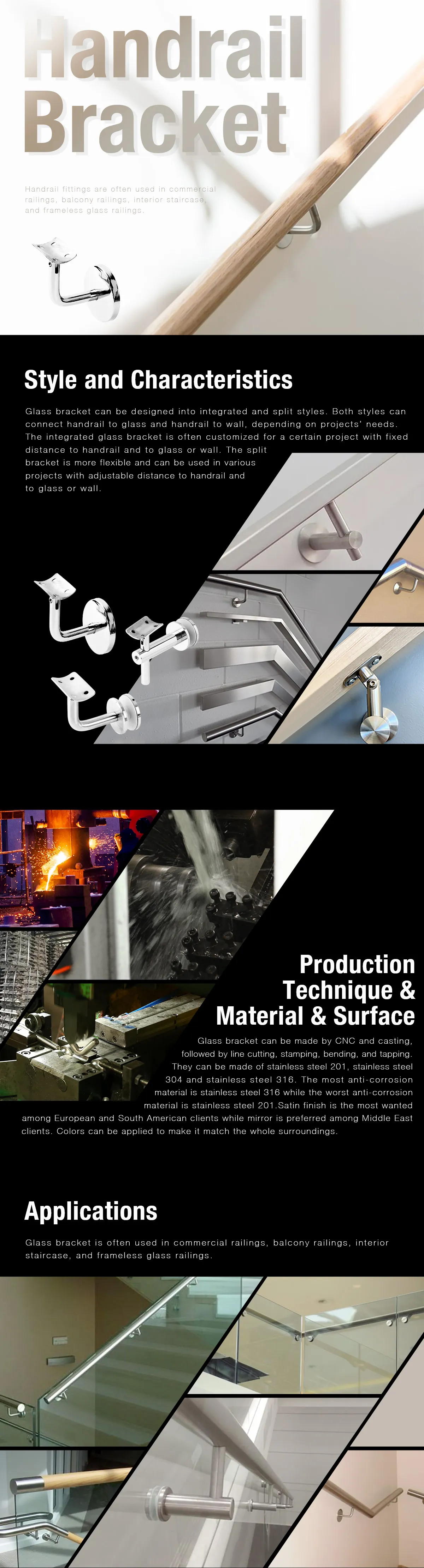 Bâti de mur de 304 de balustrade d'acier inoxydable de parenthèse de support de soutien garnitures de balustrade