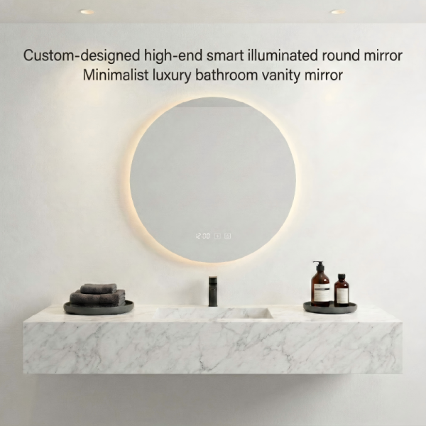 Kingstin Round Frameless LED Bathroom Mirror Backlit Anti-Fog Vanity Mirror with 3-Color Light Time Display Touch Control