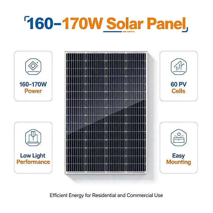 170W 66‑Cell 182mm Monocrystalline Solar Panel, Easy‑Mount Frame For Rooftop Shed Installation