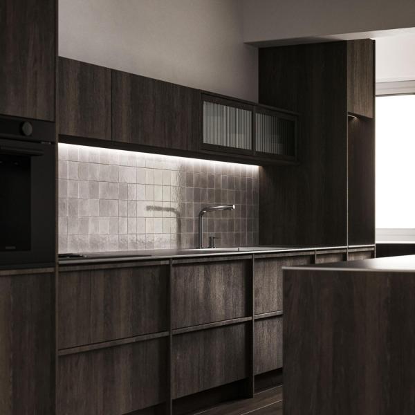 Custom Modern Skeleton Line Design Made Flat Wood Grain Finished Kitchen Cabinet Solid Wood Kitchen Cabinet