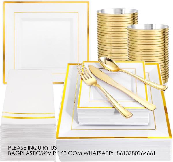 Gold Plastic Plates - Disposable Square Gold Plates Include Dinner Plates Dessert Plates Cups Plastic Cutlery