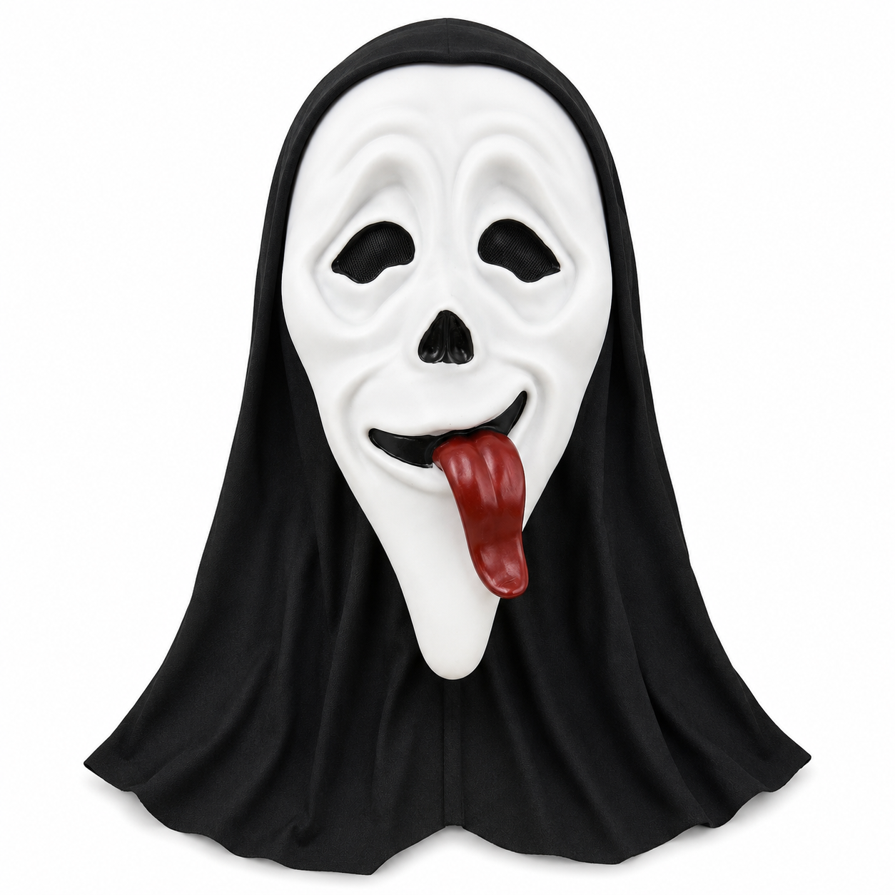 PVC Tongue Scream Mask with Black Hood, White Ghost Face Horror Party Mask, Funny Scary Halloween Cosplay Face Cover for Masquerade, Festival Costume, Stage Props and Photo Video Scenes