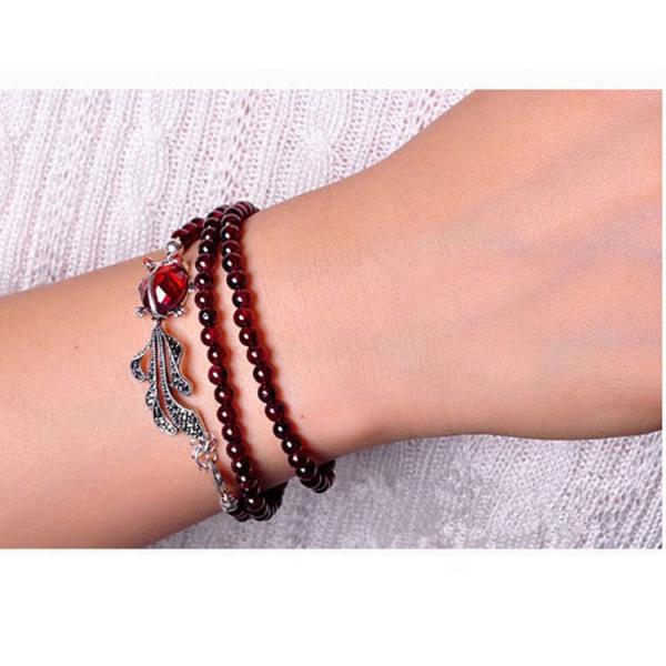 4mm Round Genuine Garnet Beads Bracelet with 925 Silver Marcasite Goldfish Charm 20 inches (B120702)
