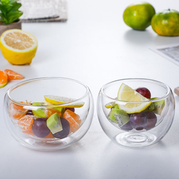 300ml 500ml Borosilicate Double Walled Glass Bowl For Salad Fruits Customized Logo