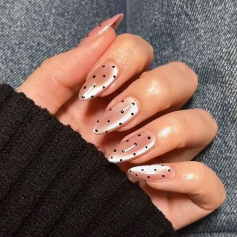 MSDS Cat Eyes Fake Nails Polka Dot Glossy Almond Shape Long Nails