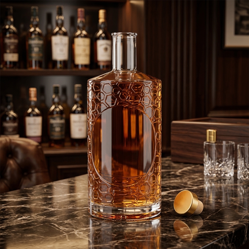 750ml & 700ml Honeycomb Textured Glass Liquor Bottle With Gold Cork Stopper For Spirits Decanter