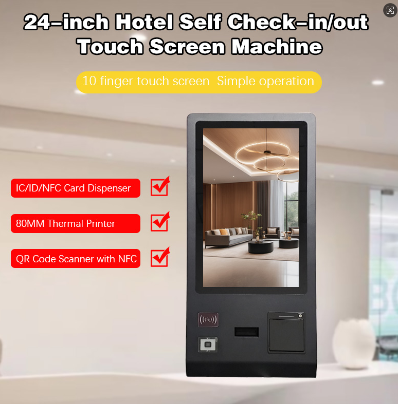24 Hotel Self-Service Kiosk with NFC Card Dispenser & QR Reader & Thermal Printer