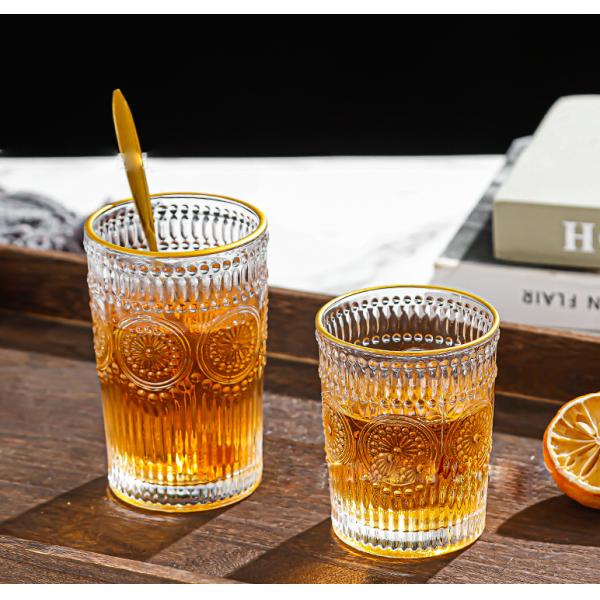 Custom Pattern 300ml 380ml Retro Embossed Glass Mug with Gold Border and Sunflower Design