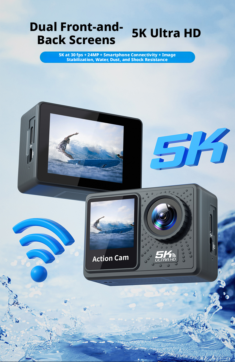 5K Dual Screen Action Camera 30M Waterproof EIS Stabilization Sports Camera for Outdoor